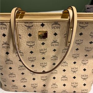 MCM Beige Logo Print Tote with Light Tan Trim and Gold Plaque